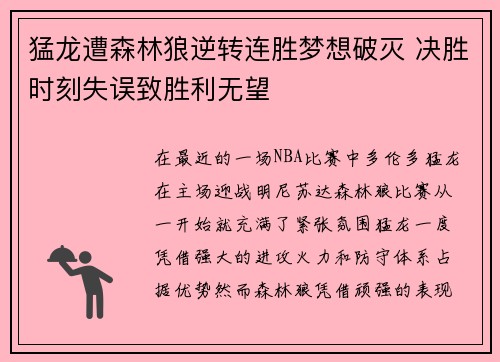 猛龙遭森林狼逆转连胜梦想破灭 决胜时刻失误致胜利无望