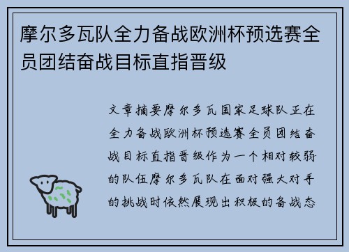 摩尔多瓦队全力备战欧洲杯预选赛全员团结奋战目标直指晋级